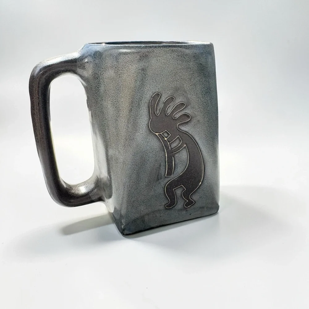 Mara Mexico Kokopelli Blue Heavy Pottery Square Mug Cup Hand Crafted Signed - Picture 2 of 6